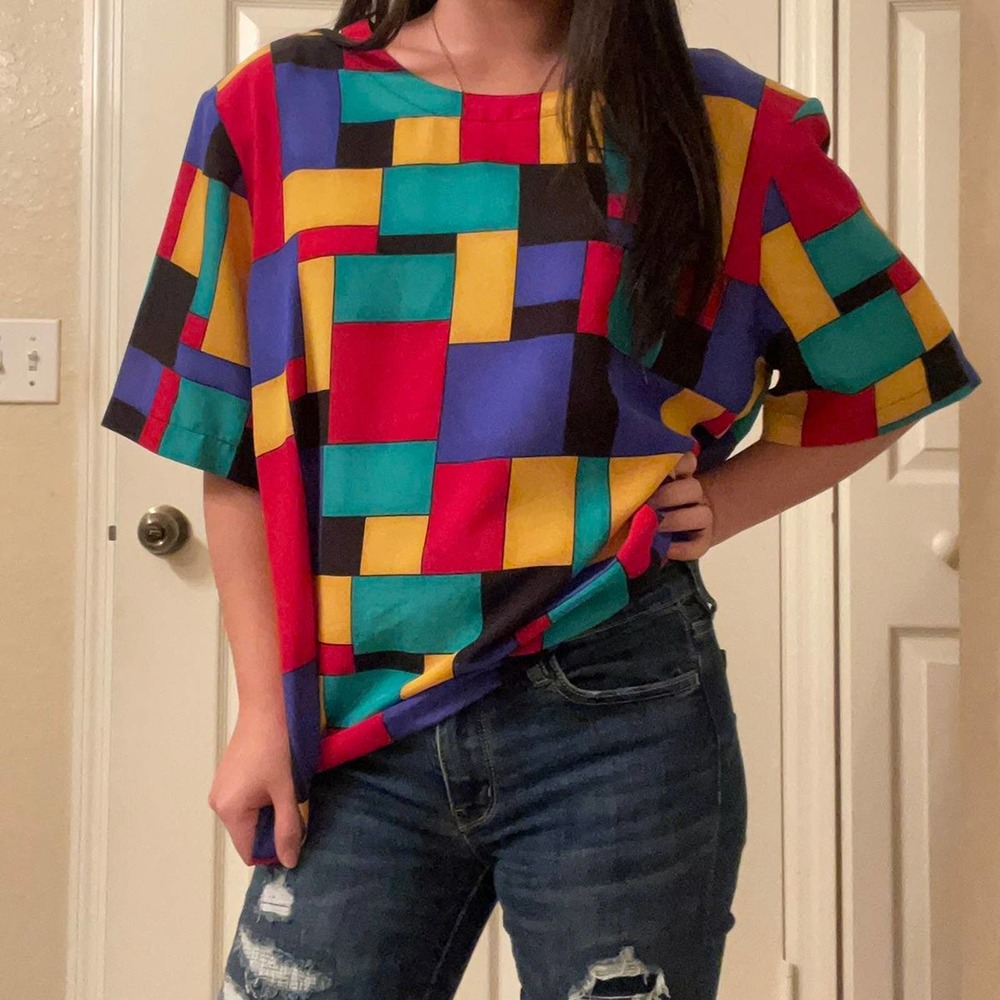 Kathy Che 90s Color Block Geometric Shirt / Size L